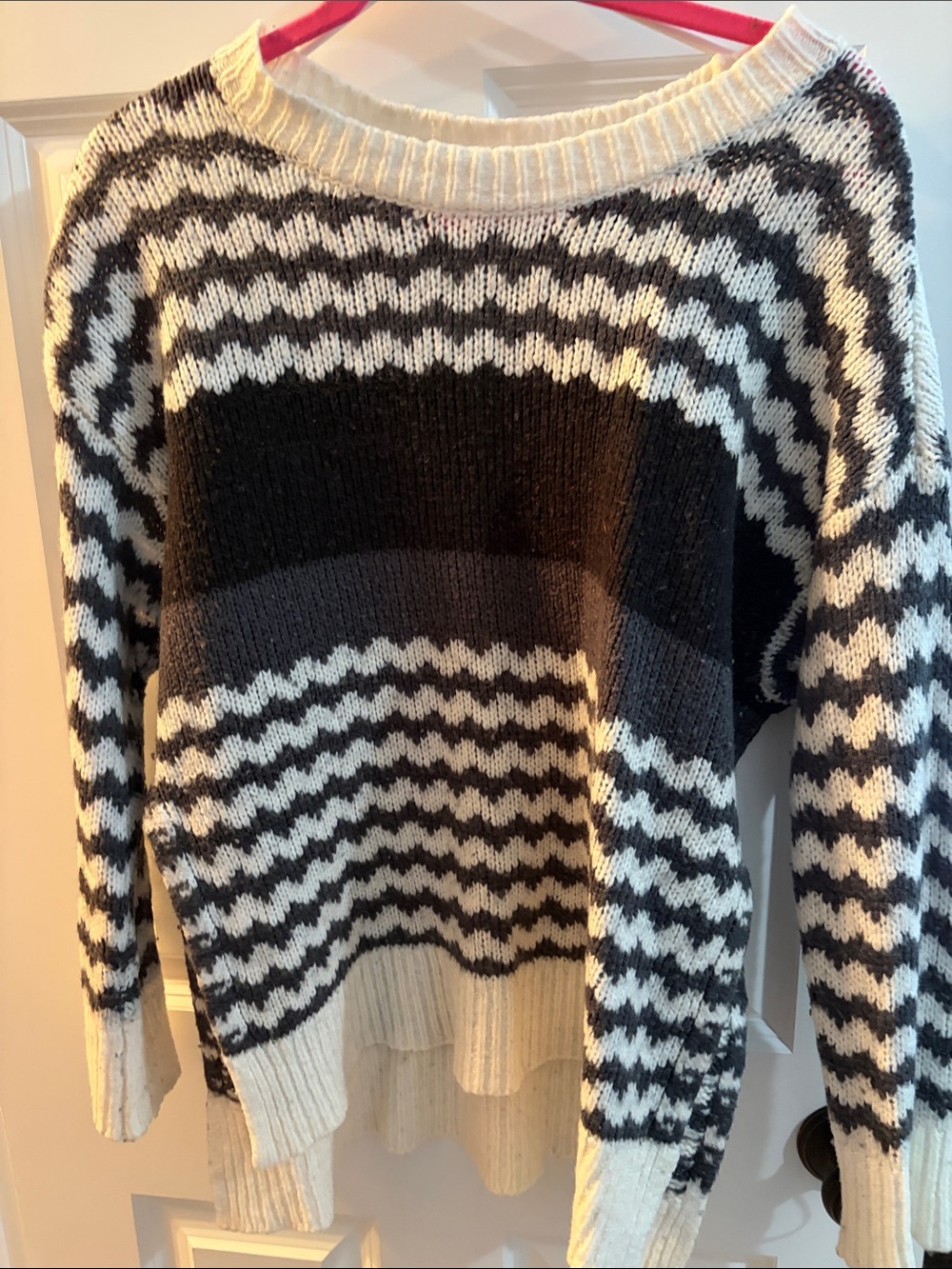 aerie Black and Cream Striped Crewneck Sweater